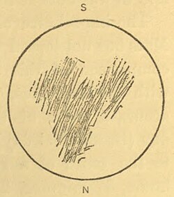 First drawn record of Martian features (Manuscript K), by Christiaan Huygens, observed on 28 November 1659.[242] The feature is probably Syrtis Major Planum. Huygens calculated from the moving of the features the rotation of Mars.