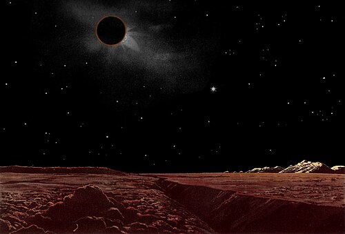Painting of view from Moon's surface. The Earth is eclipsing the Sun in the lunar sky.