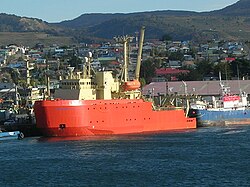 Ice breaker RV Laurence M. Gould in Punta Arenas. Punta Arenas is an important point in the supply of Antarctic bases in West Antarctica, 2006