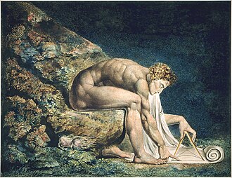 Blake's Newton (1795) demonstrates his opposition to the "single-vision" of scientific materialism: Newton fixes his eye on a pair of compasses (recalling Proverbs 8:27,[98] an important passage for John Milton)[99] to write upon a scroll that seems to project from his own head.[100]