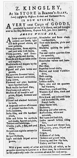 Ad for Zepheniah Kingsley Sr.'s store, Charleston, S.C., 1772
