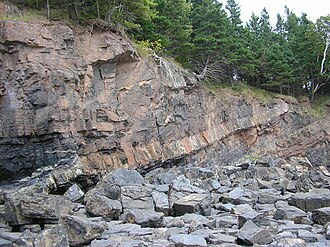 Mid-Carboniferous dolerite sill cutting Lower Carboniferous shales and sandstones, Horton Bluff, Minas Basin South Shore, Nova Scotia