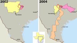 U.S. congressional districts covering Travis County, Texas (outlined in red), in 2002, left, and 2004, right. In 2003, the majority Republicans in the Texas legislature redistricted the state, diluting the voting power of the heavily Democratic county by parceling its residents out to more Republican districts.