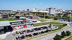 Equity Bank Park (left), Arkansas River and downtown Wichita (upper right) (2023)