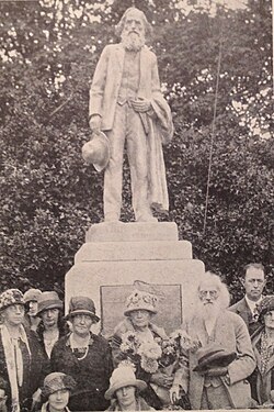 Ezra Meeker (near lower right) at the 1926 dedication of his own statue by Alonzo Victor Lewis in Puyallup's Pioneer Park, on the site of his original cabin
