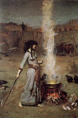 Depiction of witchcraft in John William Waterhouse's painting The Magic Circle (1886)