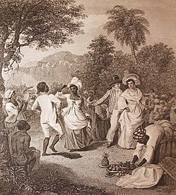 c. 1801 engraving of an earlier Agostino Brunias painting titled A Negro Festival drawn from Nature in the Island of St Vincent