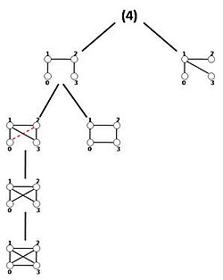 Illustration of the expansion tree T4 for 4-node query graphs. At the first level, there are non-isomorphic k-size trees and at each level, an edge is added to the parent graph to form a child graph. In the second level, there is a graph with two alternative edges that is shown by a dashed red edge. In fact, this node represents two expanded graphs that are isomorphic.[35]
