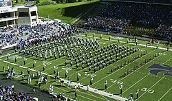 Kansas State University Marching Band marching on the football field at Bill Snyder Family Stadium in Manhattan, Kansas