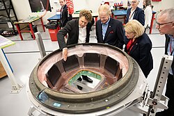 Founder Peter Beck with NASA Administrator Bill Nelson and Deputy Administrator Pamela Melroy at the Rocket Lab facility in Auckland, 2023