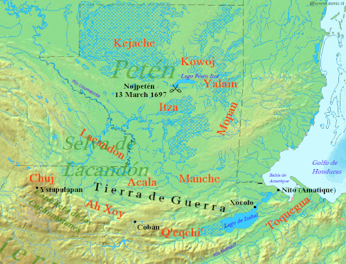 Northern Guatemala is a flat lowland plain dropping off from the Cuchumatanes mountain range sweeping across in an arc to the south. To the east of the mountains is the large lowland Lake Izabal, with an outlet into the Amatique Bay to the east, which itself opens onto the Gulf of Honduras. Immediately north of the mountains is the Lacandon forest, with Petén to the northeast. Ystapalapán was a settlement in the western Cuchumatanes, in the territory of the Chuj. Cobán was in Qʼeqchiʼ territory, in the foothills halfway between Ystapalapán in the west and Lake Izabal in the east. Xocolo was at the northeastern extreme of Lake Izabal, where it flows out towards the sea. Nito, also known as Amatique, was on the coast where the river flowing out of the lake opened into the Amatique Bay. The area south of the lake was Toquegua territory. The Manche occupied the lands to the northwest of the lake, with the Acala to their west between the Manche and the Chuj. The Lacandon were northwest of the Acala, straddling the border with Mexico. Lake Petén Itzá was in the centre of Petén, to the north. It was the location of Nojpetén, with the Itza lands stretching southwards from the lake. To the east of the Itza and northeast of the Manche were the Mopan, on the border with Belize. North of the Mopan were the Yalain, east of Lake Petén Itzá. The Kowoj were to the northeast of the lake and the Kejache to the northwest. The "Tierra de Guerra" ("Land of War") covers a broad northern swathe of the mountains and the southern portion of the lowlands.