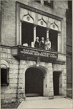 Helen Hamilton Gardener, Carrie Chapman Catt and Maud Wood Park (from left to right) on the balcony of Suffrage House, the Washington headquarters of the National American Woman Suffrage Association