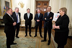 Nordic prime ministers and the president of Finland visiting the White House in 2016, with Iceland's Sigurður second from the left