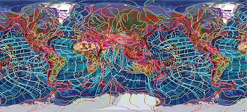 The new Global Tectonic Map with the subdivision of the continents, oceans and mobile mountain belts in ca. 1200 smaller plates. Legend: green: terrane (microplate) boundaries in the continental blocks; cyan: terranes of the oceanic plates; orange: terranes inside the mobile belts; blue: oceanic transform faults; red: fault zones in the continental and mountain belt domain; purple: main subduction zones and suture zones; orange dots: volcanoes.