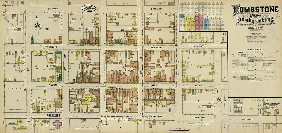 A fire insurance map of Tombstone in 1886. The OK Corral is bounded by 3rd and 4th Streets and Fremont and Allen Streets. A driveway exited on Fremont Street, where the gunfight took place.