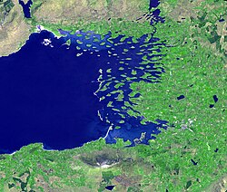 Clew Bay in County Mayo, Ireland, is a vast field of semi-submerged drumlins, which are now islands.