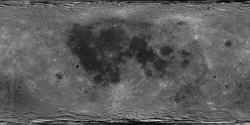 A global albedo map of the Moon obtained from the Clementine mission. The dark regions are the lunar maria, whereas the lighter regions are the highlands. The image is a cylindrical projection, with longitude increasing left to right from −180° E to 180° E and latitude decreasing from top to bottom from 90° N to 90° S. The center of the image corresponds to the mean sub-Earth point, 0° N and 0° E.