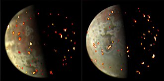Jupiter moon Io volcanic activity on 14 December 2022 (left) and 3 January 2023
