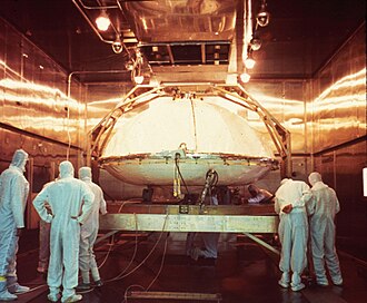A Viking lander being prepared for dry heat sterilization – this remains the "gold standard"[1] of present-day planetary protection.