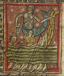 Miniature illustration of a siren enticing sailors who try to resist her, from an English Bestiary, c. 1235