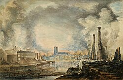 Painting of the Turku Cathedral and the Academy of Turku after the Great Fire of Turku, by Gustaf Wilhelm Finnberg (1827)