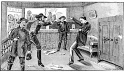 Artist's concept of the 1869 shooting of Capt. John Sheets of Gallatin, allegedly by Frank and Jesse James
