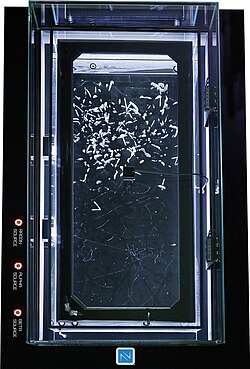 Cloud chambers are used to visualize ionizing radiation. This image shows the tracks of particles, which ionize saturated air and leave a trail of water vapour.