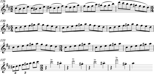 Brahms Symphony No. 2, finale, bars 126–142, re-barred
