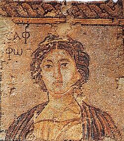 A Roman-era mosaic from Sparta, depicting a bust of Sappho.
