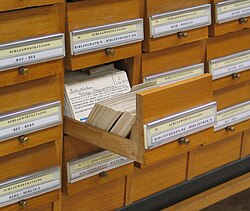 In the 21st century, metadata typically refers to digital forms, but traditional card catalogs contain metadata, with cards holding information about books in a library (author, title, subject, etc.).