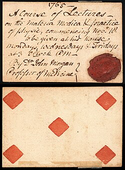 A 1765 admission ticket to "A Course of Lectures" given by Dr. John Morgan, the founder and first professor of medicine at Penn's Medical School