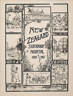 Poster produced during the First World War. Depicts scenes of Ceylon, Australia, Trentham, France, England, Greece, Egypt, and the troopship SS Marquette.