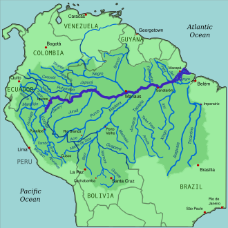South America's Amazon River (dark blue) and tributaries, the rivers which flow into it (medium blue). The darker green marks the Amazon's drainage basin or watershed
