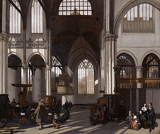 Early Calvinism was known for simple, unadorned churches as depicted in this 1661 portrait of the interior of the Oude Kerk, Amsterdam.