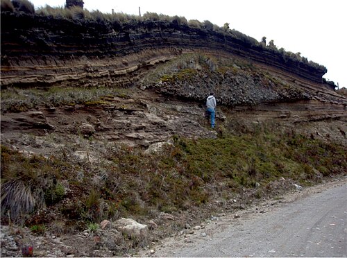 The top of the 11,000 year-old ash fall deposits interstratified with paleosols overlying a channelized debris flow and a sequence of wet surges.