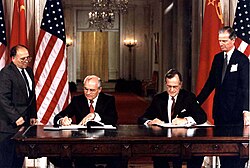 President George H. W. Bush and Soviet president Mikhail Gorbachev sign the 1990 Chemical Weapons Accord at the White House.