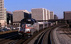 A Virginia Railway Express train going through Crystal City in 1999