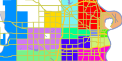 Downtown: lime, Midtown: blue-gray, North: red, South: pink, West: lavender