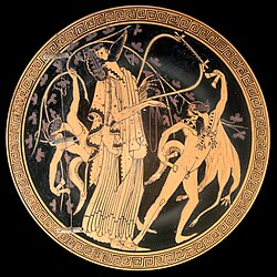 Dionysus with satyrs. Interior of a cup painted by the Brygos Painter, Cabinet des Médailles.