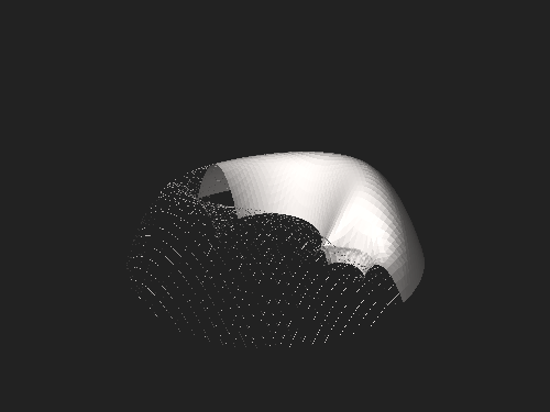 STL 3D model of the Roche potential of two orbiting bodies, rendered half as a surface and half as a mesh