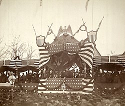 President Garfield in reviewing stand, viewing inauguration ceremonies, on March 4, 1881