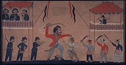 Sultan Amangkurat II of Mataram (upper right) watching warlord Untung Surapati fighting Captain Tack of the Dutch East India Company (VOC), c. 1684 AD