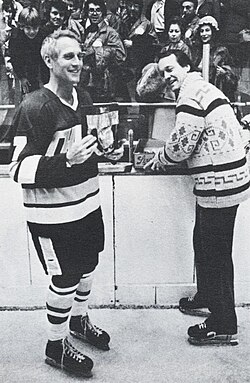Newman (left) and director George Roy Hill on the set of Slap Shot in 1976