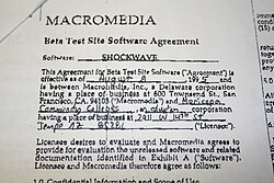 A brief, written-out beta test software license issued by Macromedia in 1995