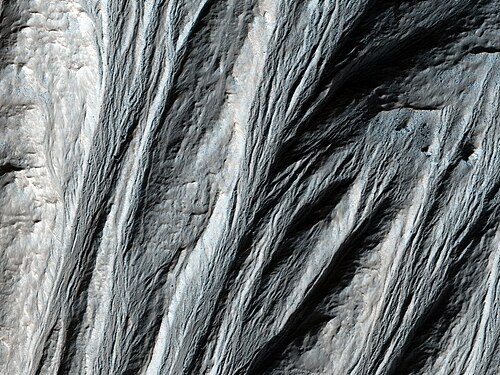 Gullies in the southern highlands of Mars, south of Argyre Planitia. 2014 image from the HiRISE camera on the Mars Reconnaissance Orbiter.