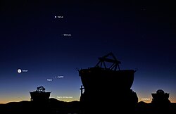 A conjunction of Mars and Jupiter in the morning of 1 May 2011, when, about an hour before sunrise, five of the Solar System's eight planets and the Moon could be seen from Cerro Paranal, Chile.[5]