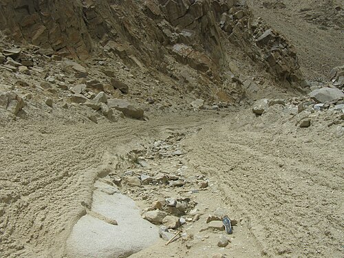 Debris flow channel with deposits left after 2010 storms in Ladakh, NW Indian Himalaya. Coarse bouldery levees form the channel sides. Poorly sorted rocks lie on the channel floor.