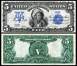 Running Antelope, a Hunkpapa Lakota Chief, depicted on the US 1899 $5 silver certificate.