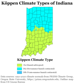 Köppen climate types of Indiana, using 1991–2020 climate normals