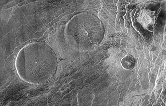 Radar mosaic of two pancake domes in Venus's Eistla region—both 65 km (40 mi) wide and less than 1 km (0.62 mi) high